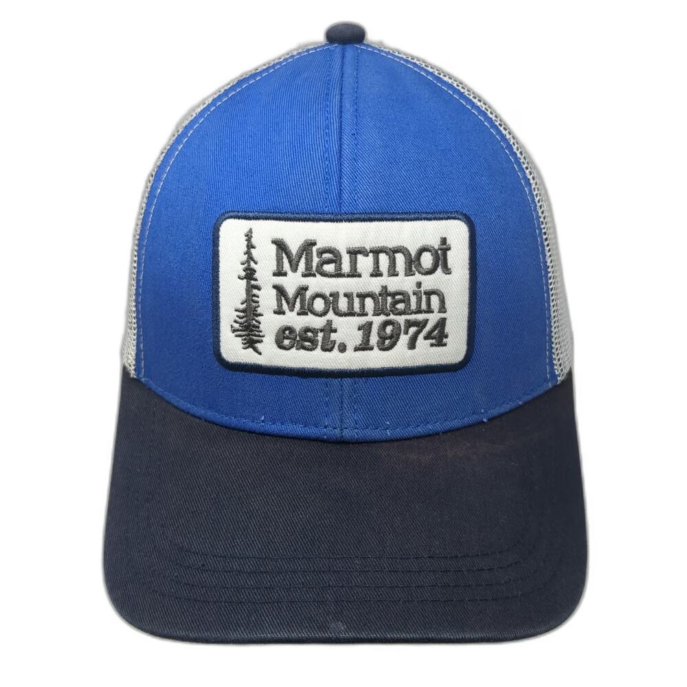 Marmot Trucker Hat Blue One Size Mesh Back Mountain Patch Snapback Curved Brim